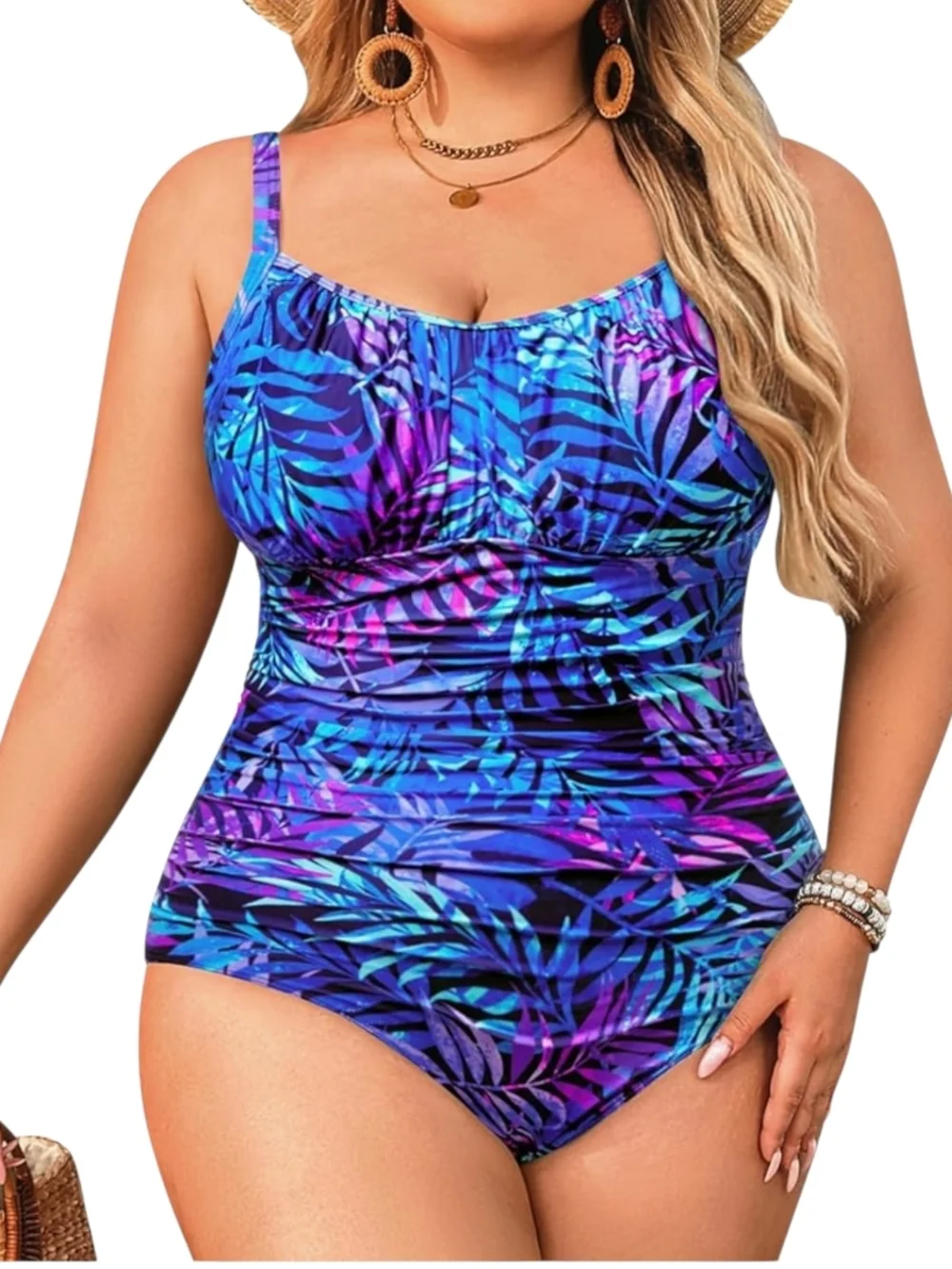 AQUA EVE - 22W Leaf Print Blue & Purple Tank One-Piece Swimsuit - Picture 1 of 9